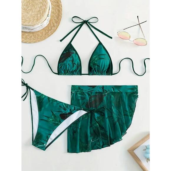 Unbranded Green Tropical Floral 3 Piece Triangle String Bikini Swimsuit Set XL - Picture 1 of 7